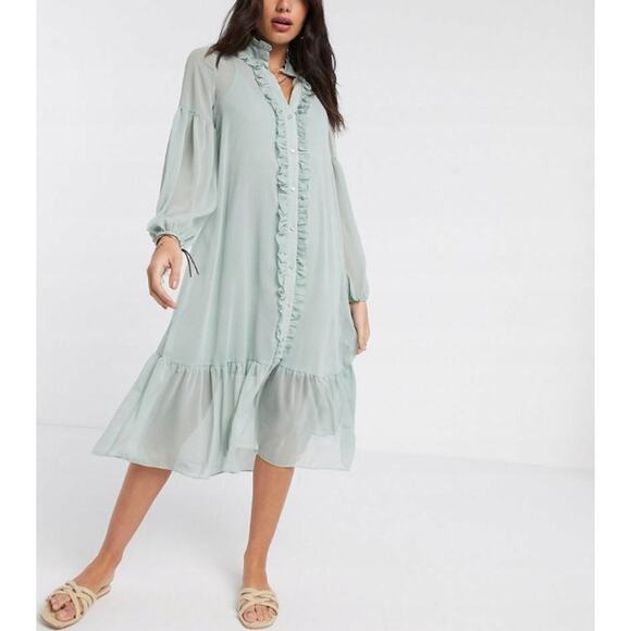 River Island Long Sleeve Button Up Ruffle Sheer Dress Mint Green Womens Sz 8 NWT - Picture 1 of 12